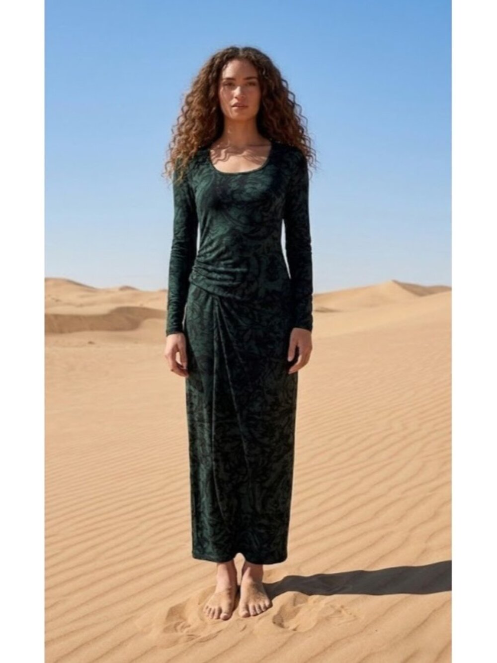NWT Peruvian Connection Cassandra Maxi in Green Black Ruched Jersey Dress S